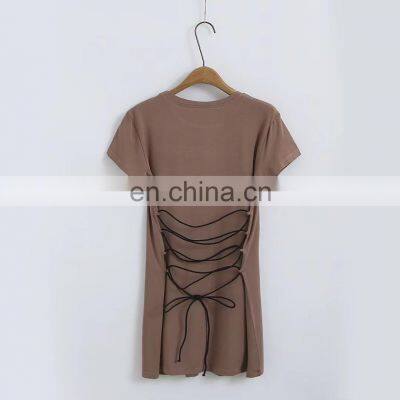 Customized Sexy Women's Back Cross Tie Rope Mid-length Short-sleeved T-shirt Women Summer New Style Dress photo-3