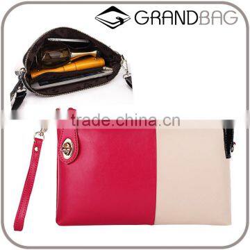 Wholesale contrast color genuine cowhide leather lady designer clutch bag with wristlet shoulder bag hand bag messager bag