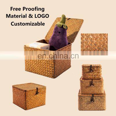 Set of 3 Rectangular Organizer Box with Lid Home Decor Seagrass Storage Baskets Natural Rattan Woven