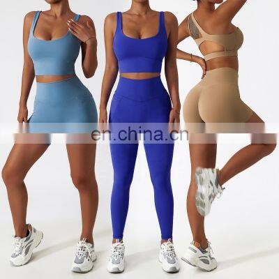 4 Pcs Sportswear Women Yoga Biker Pockets Shorts Oem Gym Fitness One Shoulder Sexy Bra Sets