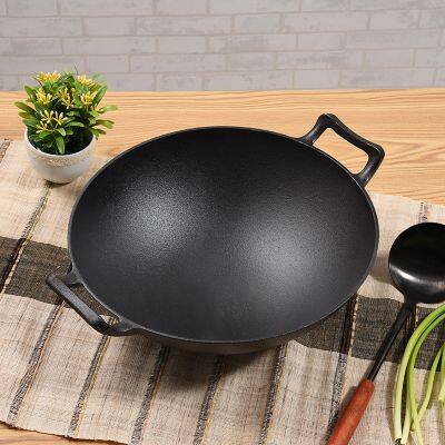 Chinese Traditional Black Round Pre-flavored Non Stick Pan 32/36cm Thickened Flat Cast Iron Wok With Double Handle photo-3