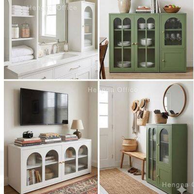 Minimalist Arch Design Metal Credenza SD-O854 With Reeded Glass Door | Steel Office Supplies & Printer Stand Cabinet 350mm Depth for Home Office photo-4