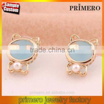 Cute pearl Gold Plated Bowknot Opal Cat Dog Stud Earring happy back