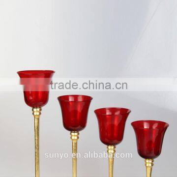 Mouthblown Red Color Long Gold Stem Set of 3 Glass Candle Holder for Wedding photo-2