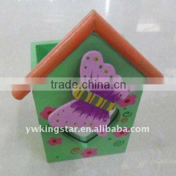 Wood House Shape Pen Holder with butterfly Image