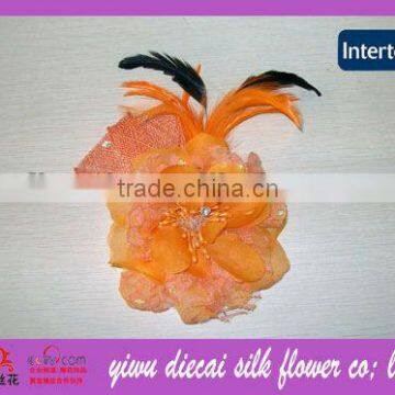 Wedding artificial peony flower brooch/hair clip double use with feather decorated