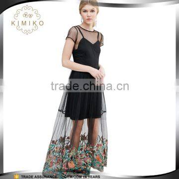 Alibaba popular short sleeve women maxi dress with mesh printed on Bottom