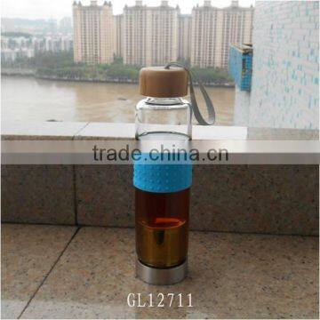 2015 bamboo lid pyrex glass water bottle with tea infuser