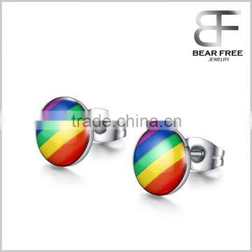 Stainless Steel Fashion Round Rainbow Ear Stud Earrings for Gay & Lesbian Pride