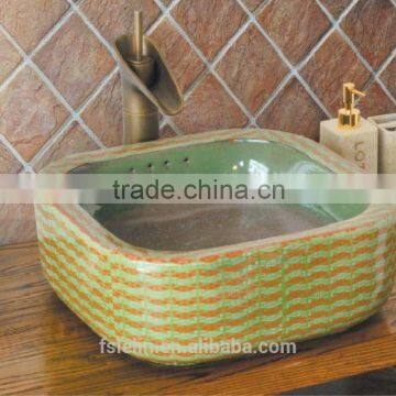 Handpainted ceramic art basin colorful countertop round sink porcelain flower edge bowl vanity top GD-F14