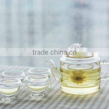 Bamboo Shaped Heat- Resisting Borosilicate Glass Teapot With Leaf Lid+ 4 Double Wall Tea Cups photo-2
