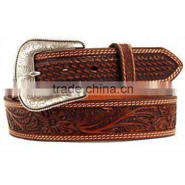 Brown Genuine Leather Western Mens Basketweave Printed Leather Embossed Belt