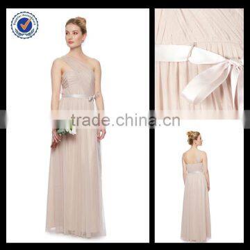 Bare Pink One Shoulders with Bow Floor Length Bridesmaid Dresses bm00054