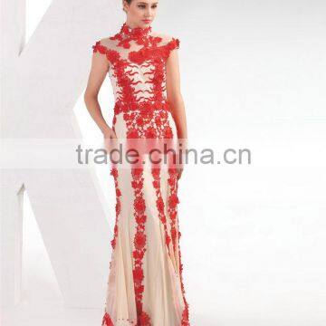 Elegant Embroidery High Neck Cap Sleeve Tulle Long Red Evening Dress photo-3