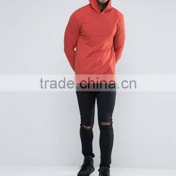 Custom Pouch Pockets With Hood Grey Men's 96% Cotton 4% Elastane Casual Longline Cut Tight Slim Fit Breathable Pullover Hoodies photo-4
