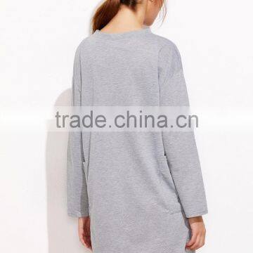 Grey Drop Shoulder Tee Dress With Pockets Cotton Spandex Long Sleeve Casual Plain Sweatshirt Tee Dress photo-4