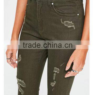 Custom Women High Waist Skinny Pants Khaki Damaged Denim Jeans Wholesale Direct Factory photo-5