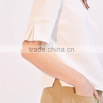 Women's Loose Fit V Neck Press Studs on Short Slited Sleeves Tank Blouse photo-4