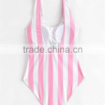 Custom Logo Swimwear Bikini Stripe Sublimation Print Halter One Piece Swimsuits photo-2