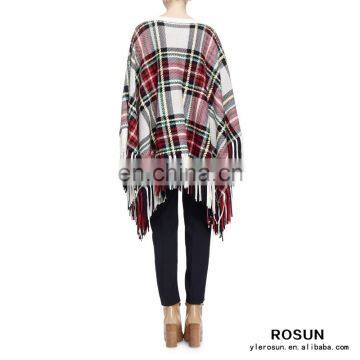 Women Bateau neckline Long cape sleeves Plaid Jacquard Fringe Poncho