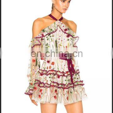 Latest Fashion Dress Designs Pretty Women Long Sleeve Floral Ruffle Casual Dresses With Cold Shoulder photo-2