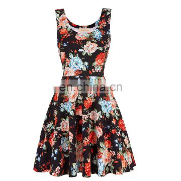 Kate Kasin Stylish & Slim Fit Sleeveless U-Neck Casual Floral Print Short Summer Dress KK000297-6