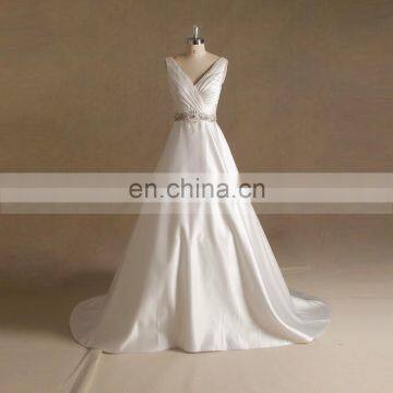 Elegant V-Neck Rhinestone Beaded Pleating A -line Wedding Dress