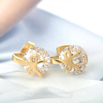 Fashion Jewelry Stainless Steel Bowknot Stud Earrings for Sweet Girls Diamond Earring