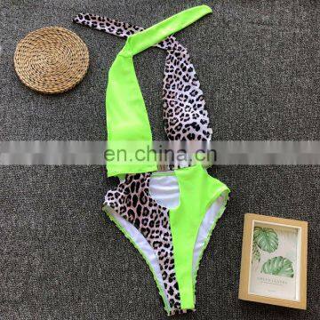 2019 Leopard Print Patchwork Swimwear  Cut Out Halter Monokini Women Bathing Suits Bikini One Pieces Swimsuits