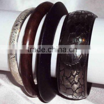 Wood, Silver, Resin And Designer Brass Bangle Set of 4 Piece 10281