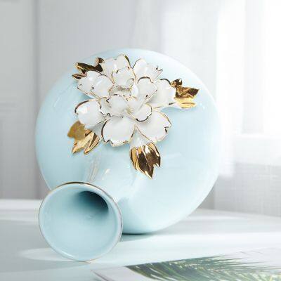 European Modern Simple Art Fresh Fashion Gild Blue Ceramic Plant Vase For Office Decor photo-4