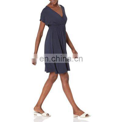 Manufacturers Wholesale Women's Solid Surplice Dress Summer Casual Short Sleeve V-Neck Short Party Dress photo-4