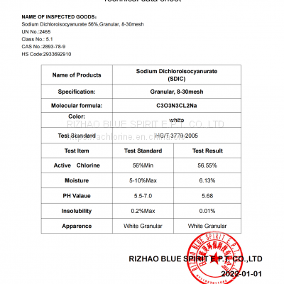 chlorine granular SDIC 56% GRANULAR IN 5KG PAIL WITH PALLET 13.5MT INTO 1X20'FCL