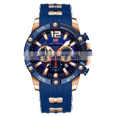 MINI FOCUS 0349 Mens Chronograph Watches  Luminous Army Sport Wristwatch Blue Silicone Strap Quartz Watch  reloj minifocus