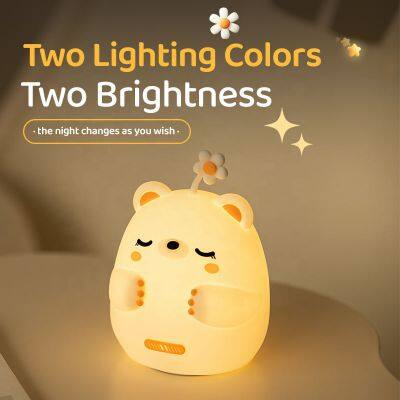 High Quality LED USB Rechargeable Soft Silicone Night Light Cartoon Bear Patting Lamp Bedroom Decor Touch Sensor Table Light