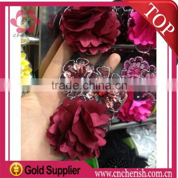 Guangzhou bridal bead lace appliques charm sexy red wine chiffon flower lace for dress