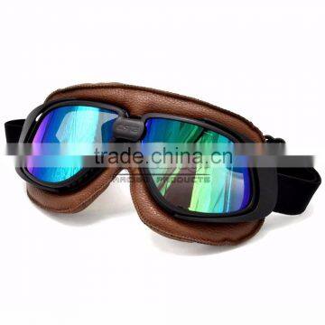 BJ-GT-008 Fold Design Brown Leather Colorful Lens Motorcycle Goggles Roll Off photo-3