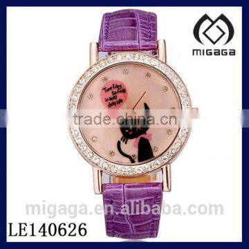 fashion purple leather strap cute kitty wristwatch for young girls