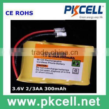 PKCELL NI-CD 3.6V 2/3AA300 mah rechargeable battery pack with wires and connector