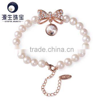 butterfly pendant with real cultured freshwater pearl bracelet for women 7-8mm round shape