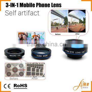 3 in 1 Lens with Clip, Fisheye Lens for Projector, Fish eye+ Wide angle+ Macro 3 in 1 kit camera lens for iphone