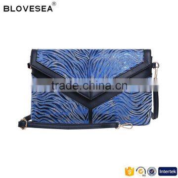 Blue zebra print lady clutch handbag flap with snap button women evening clutch bags