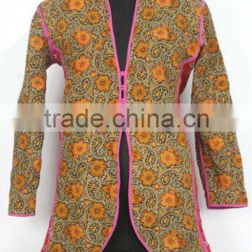 RTHCJ-12 Vibrant Color Royal Abstract Floral Full sleeve reversible long size cotton kantha Winter Christmas Jackets Jaipur