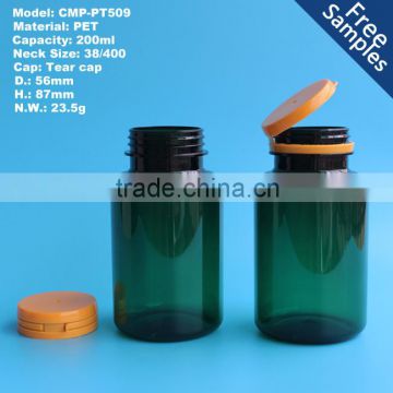 PET medicine plastic packaging bottle 200ml, 200cc Pharmaceutical pill capsule bottle with tearing cap