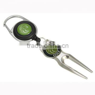 Retractable divot tool, with ball marker, and fast clip on belt