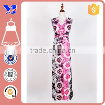 Nice pattern fitted band on waist sleeveless maxi two tone dress