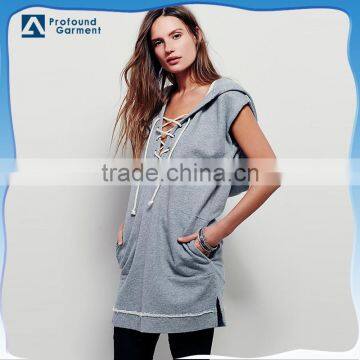 2015 new style blank hoodies girl's lace up neck sleeveless hoodie