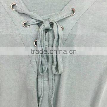 Factory Closeout Women Fashion Lace-up Long Sleeve Cotton T-shirt photo-4