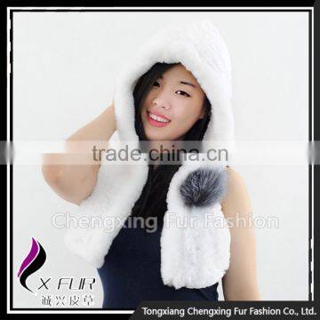 CX-C-242D Women Fashion Fur Hooded Scarf Winter Rex Rabbit Fur Hat