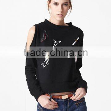 Dew Shoulder Cute Cartoon Printing Bomber Fleece Sweater photo-6